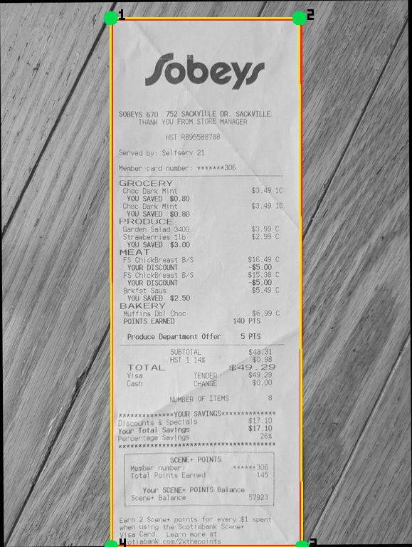The straightened image with a detected bounding box and corner markers drawn around the receipt